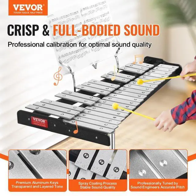 Alt view image 2 of 14 - VEVOR  32 Note Glockenspiel Xylophone Bell Kit, Professional Percussion Instrument Set with Mallets, Drum Sticks, Music Stand,  8" Practice Pad, Adjustable Stand and Carrying Bag for Students & Adults