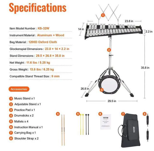 Alt view image 7 of 14 - VEVOR  32 Note Glockenspiel Xylophone Bell Kit, Professional Percussion Instrument Set with Mallets, Drum Sticks, Music Stand,  8" Practice Pad, Adjustable Stand and Carrying Bag for Students & Adults