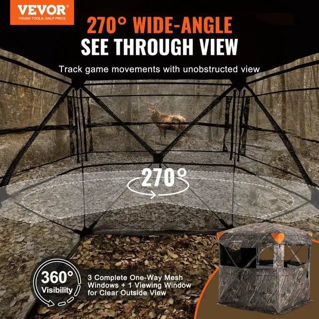 Alt view image 2 of 7 - VEVOR Hunting Blind, 270° See Through Ground Blind, 2-3 Person Pop Up Deer Blind for Hunting with Carrying Bag, Portable Resilient Hunting Tent, One-Way See-Through Mesh for Turkey and Deer Hunting