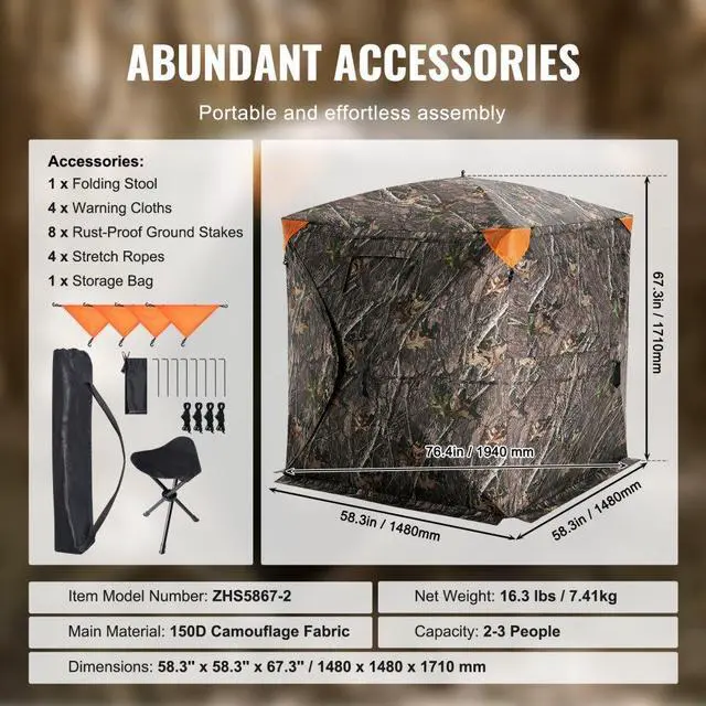 Alt view image 6 of 7 - VEVOR Hunting Blind, 270° See Through Ground Blind, 2-3 Person Pop Up Deer Blind for Hunting with Carrying Bag, Portable Resilient Hunting Tent, One-Way See-Through Mesh for Turkey and Deer Hunting