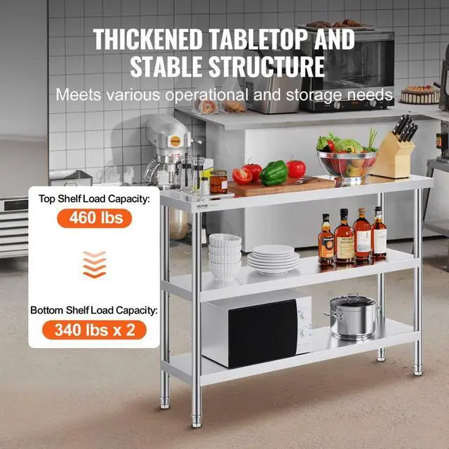 Alt view image 3 of 7 - VEVOR Stainless Steel Food Prep Table, 14 x 48 x 34 Inch Commercial Kitchen Worktable, with 2 Adjustable Undershelf, Heavy Duty Prep Table Metal Work Table for BBQ, Kitchen, Home, and Garage