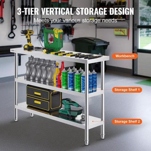Alt view image 4 of 7 - VEVOR Stainless Steel Food Prep Table, 14 x 48 x 34 Inch Commercial Kitchen Worktable, with 2 Adjustable Undershelf, Heavy Duty Prep Table Metal Work Table for BBQ, Kitchen, Home, and Garage