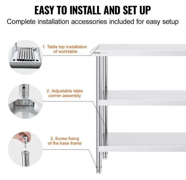 Alt view image 6 of 7 - VEVOR Stainless Steel Food Prep Table, 14 x 48 x 34 Inch Commercial Kitchen Worktable, with 2 Adjustable Undershelf, Heavy Duty Prep Table Metal Work Table for BBQ, Kitchen, Home, and Garage