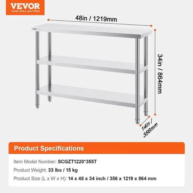 Alt view image 7 of 7 - VEVOR Stainless Steel Food Prep Table, 14 x 48 x 34 Inch Commercial Kitchen Worktable, with 2 Adjustable Undershelf, Heavy Duty Prep Table Metal Work Table for BBQ, Kitchen, Home, and Garage