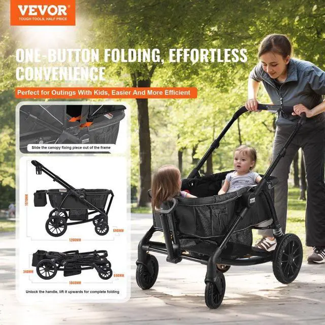 Alt view image 2 of 7 - VEVOR  All-Terrain Stroller Wagon, 2 Seats Foldable Expedition 2-in-1 Collapsible Wagon Stroller, Includes Canopy, Parent Organizer, Snack Tray & Cup Holders, 55lbs for Single Seat, Black