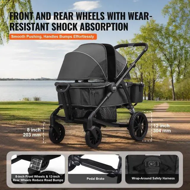 Alt view image 4 of 7 - VEVOR  All-Terrain Stroller Wagon, 2 Seats Foldable Expedition 2-in-1 Collapsible Wagon Stroller, Includes Canopy, Parent Organizer, Snack Tray & Cup Holders, 55lbs for Single Seat, Black