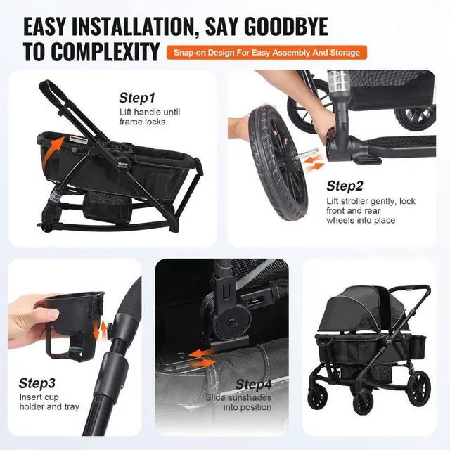 Alt view image 6 of 7 - VEVOR  All-Terrain Stroller Wagon, 2 Seats Foldable Expedition 2-in-1 Collapsible Wagon Stroller, Includes Canopy, Parent Organizer, Snack Tray & Cup Holders, 55lbs for Single Seat, Black