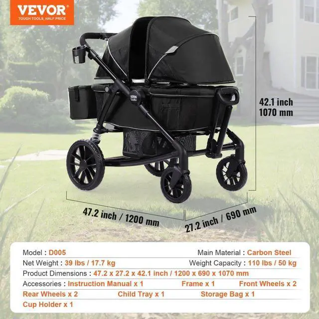 Alt view image 7 of 7 - VEVOR  All-Terrain Stroller Wagon, 2 Seats Foldable Expedition 2-in-1 Collapsible Wagon Stroller, Includes Canopy, Parent Organizer, Snack Tray & Cup Holders, 55lbs for Single Seat, Black