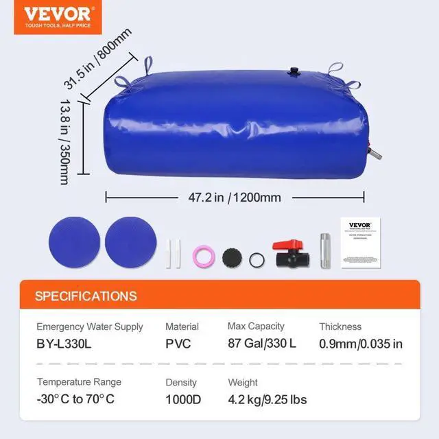 Alt view image 7 of 7 - VEVOR 330L/87 Gallon Water Storage Bladder, RV Water Tank, 1000D Blue PVC Collapsible Water Storage Containers, Large Capacity Soft Water Bag, Portable Water Bladder, Fire Prevention, Camping, Emergen