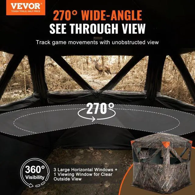 Alt view image 2 of 7 - VEVOR Hunting Blind, 270° See Through Ground Blind, 2-3 Person Pop Up Deer Blind for Hunting with Carrying Bag, Portable Resilient Hunting Tent, 3 Horizontal Windows for Turkey and Deer Hunting
