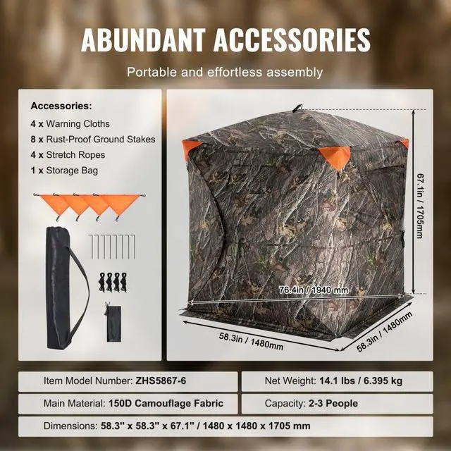 Alt view image 6 of 7 - VEVOR Hunting Blind, 270° See Through Ground Blind, 2-3 Person Pop Up Deer Blind for Hunting with Carrying Bag, Portable Resilient Hunting Tent, 3 Horizontal Windows for Turkey and Deer Hunting
