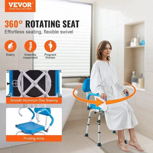 Alt view image 2 of 7 - VEVOR Swivel Shower Chair 360 Degree, Adjustable Shower Seat with Pivoting Arms & Padded Bath Seat for Inside Shower or Tub, Non-Slip Rotating Bathtub Chair for Elderly Disabled, 300LBS Capacity