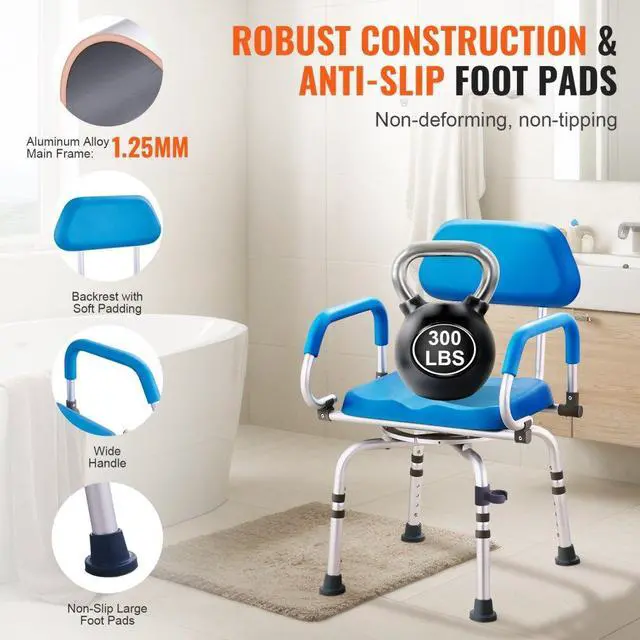 Alt view image 4 of 7 - VEVOR Swivel Shower Chair 360 Degree, Adjustable Shower Seat with Pivoting Arms & Padded Bath Seat for Inside Shower or Tub, Non-Slip Rotating Bathtub Chair for Elderly Disabled, 300LBS Capacity