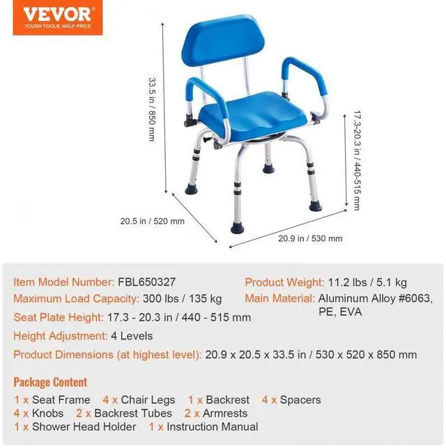 Alt view image 7 of 7 - VEVOR Swivel Shower Chair 360 Degree, Adjustable Shower Seat with Pivoting Arms & Padded Bath Seat for Inside Shower or Tub, Non-Slip Rotating Bathtub Chair for Elderly Disabled, 300LBS Capacity