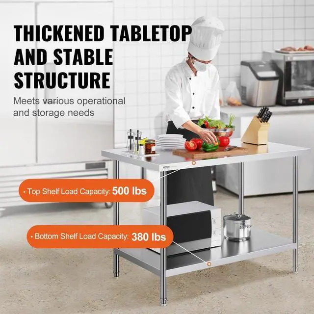 Alt view image 3 of 7 - VEVOR Stainless Steel Prep Table, 30 x 48 x 34 Inch, Heavy Duty Metal Worktable with 3 Adjustable Height Levels, Commercial Workstation for Kitchen Garage Restaurant Backyard