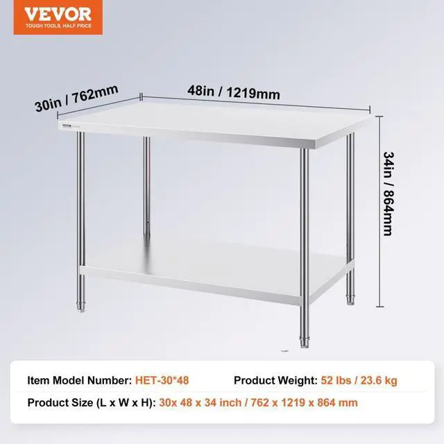 Alt view image 7 of 7 - VEVOR Stainless Steel Prep Table, 30 x 48 x 34 Inch, Heavy Duty Metal Worktable with 3 Adjustable Height Levels, Commercial Workstation for Kitchen Garage Restaurant Backyard