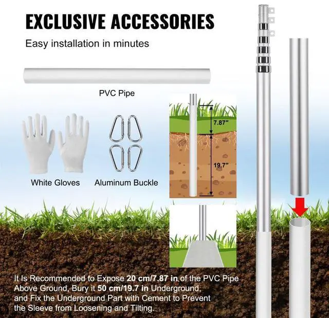 Alt view image 5 of 14 - VEVOR 30FT Telescoping Flag pole Kit, Heavy Duty Aluminum Alloy in Ground Flag Poles for Outside, 3 Display Modes Flagpole with 3x5 American Flag, Professional Accessories, Silver