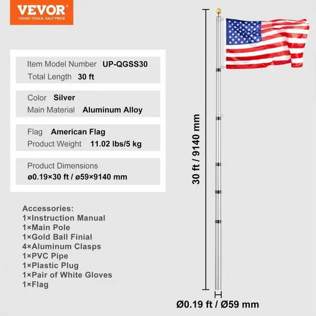 Alt view image 7 of 14 - VEVOR 30FT Telescoping Flag pole Kit, Heavy Duty Aluminum Alloy in Ground Flag Poles for Outside, 3 Display Modes Flagpole with 3x5 American Flag, Professional Accessories, Silver