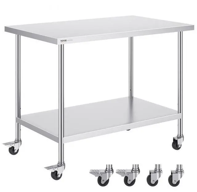 Main image of VEVOR  Stainless Steel Work Table 30 x 48 x 38 Inch, with 4 Wheels, 3 Adjustable Height Levels, Heavy Duty Food Prep Worktable for Commercial Kitchen Restaurant, Silver