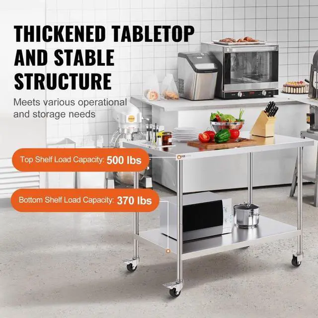 Alt view image 3 of 7 - VEVOR  Stainless Steel Work Table 30 x 48 x 38 Inch, with 4 Wheels, 3 Adjustable Height Levels, Heavy Duty Food Prep Worktable for Commercial Kitchen Restaurant, Silver