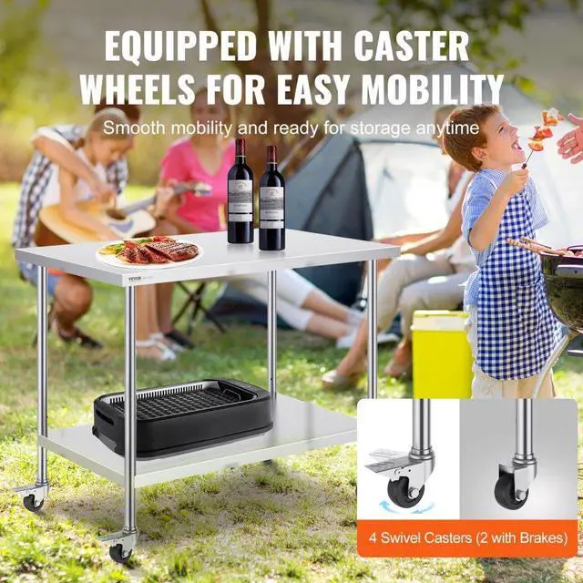 Alt view image 4 of 7 - VEVOR  Stainless Steel Work Table 30 x 48 x 38 Inch, with 4 Wheels, 3 Adjustable Height Levels, Heavy Duty Food Prep Worktable for Commercial Kitchen Restaurant, Silver