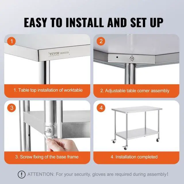 Alt view image 6 of 7 - VEVOR  Stainless Steel Work Table 30 x 48 x 38 Inch, with 4 Wheels, 3 Adjustable Height Levels, Heavy Duty Food Prep Worktable for Commercial Kitchen Restaurant, Silver