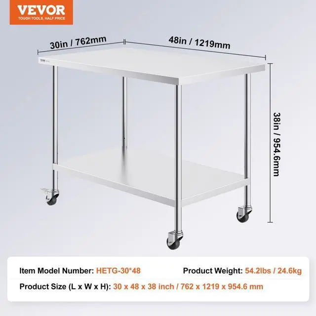 Alt view image 7 of 7 - VEVOR  Stainless Steel Work Table 30 x 48 x 38 Inch, with 4 Wheels, 3 Adjustable Height Levels, Heavy Duty Food Prep Worktable for Commercial Kitchen Restaurant, Silver
