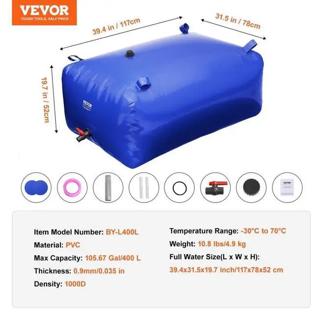 Alt view image 7 of 7 - VEVOR 400L/105.7 Gallon Water Storage Bladder, RV Water Tank, 1000D Blue PVC Collapsible Water Storage Containers, Large Capacity Soft Water Bag, Portable Water Bladder, Fire Prevention, Camping