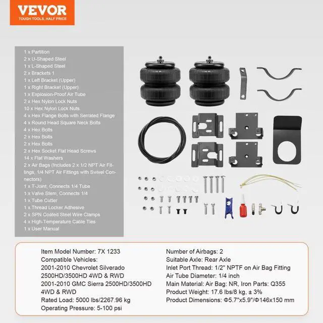 Alt view image 7 of 7 - VEVOR Air Bag Suspension Kit, Air Springs Suspension Bag Kit Compatible with 2001-2010 Chevrolet Silverado 2500/3500HD and GMC Sierra 2500/3500HD 4WD RWD, 5000 lbs Loading, 5 to 100 PSI