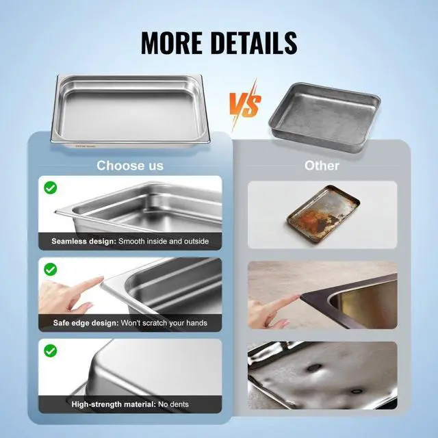 Alt view image 6 of 7 - VEVOR 6 Pack Hotel Pans, Full Size Anti-Jam Steam Pan, 0.8mm Thick Stainless Steel Restaurant Steam Table Pan, 2.5-Inch Deep Commercial Table Pan, Catering Storage Food Pan, for Industrial & Scientifi