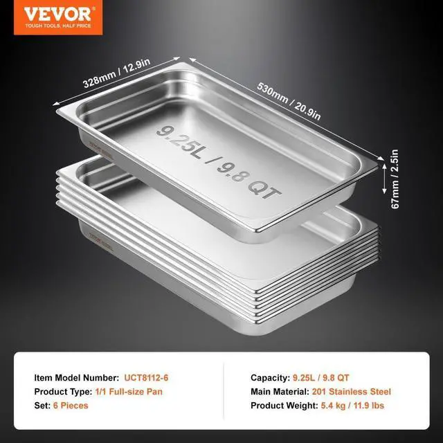 Alt view image 7 of 7 - VEVOR 6 Pack Hotel Pans, Full Size Anti-Jam Steam Pan, 0.8mm Thick Stainless Steel Restaurant Steam Table Pan, 2.5-Inch Deep Commercial Table Pan, Catering Storage Food Pan, for Industrial & Scientifi
