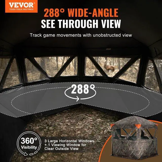Alt view image 2 of 7 - VEVOR Hunting Blind, 288° See Through Ground Blind, 6-7 Person Pop Up Deer Blind for Hunting with Carrying Bag, Portable Resilient Hunting Tent, 4 Horizontal Windows for Turkey and Deer Hunting