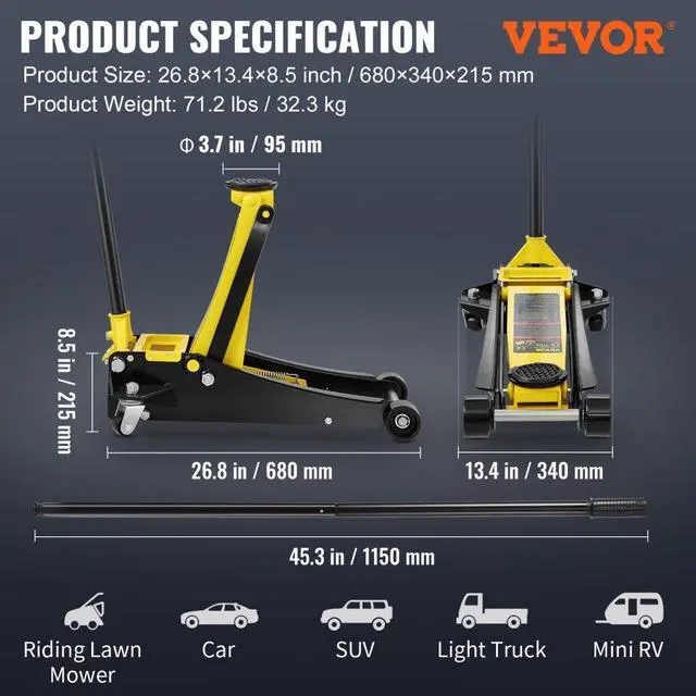 Alt view image 7 of 7 - VEVOR Low Profile Floor Jack 2.5 Ton Heavy Duty Steel Dual Piston Rapid Pump