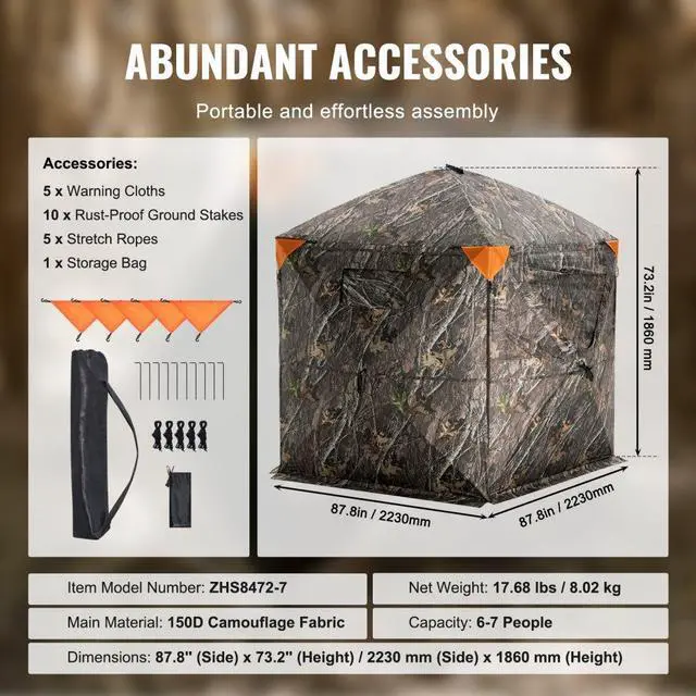Alt view image 6 of 7 - VEVOR Hunting Blind, 288° See Through Ground Blind, 6-7 Person Pop Up Deer Blind for Hunting with Carrying Bag, Portable Resilient Hunting Tent, 4 Horizontal Windows for Turkey and Deer Hunting