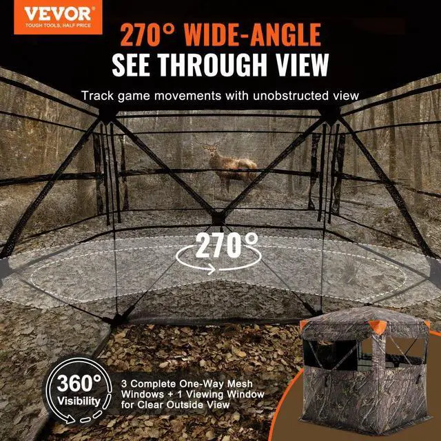 Alt view image 2 of 7 - VEVOR Hunting Blind, 270° See Through Ground Blind, 1-2 Person Pop Up Deer Blind for Hunting with Carrying Bag, Portable Resilient Hunting Tent, One-Way See-Through Mesh for Turkey and Deer Hunting