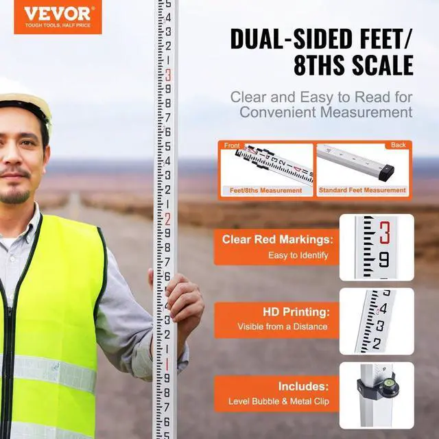 Alt view image 2 of 7 - VEVOR Aluminum Grade Rod, 16-Feet/8ths 4 Sections Telescopic Measuring Rod,Double-Sided Scale 1/8in Leveling Rod Stick,Aluminum Alloy Survey Rod with Bubble Level &Carrying Bag for Houses,Walls,Floors