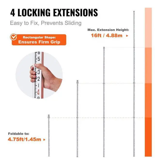 Alt view image 3 of 7 - VEVOR Aluminum Grade Rod, 16-Feet/8ths 4 Sections Telescopic Measuring Rod,Double-Sided Scale 1/8in Leveling Rod Stick,Aluminum Alloy Survey Rod with Bubble Level &Carrying Bag for Houses,Walls,Floors