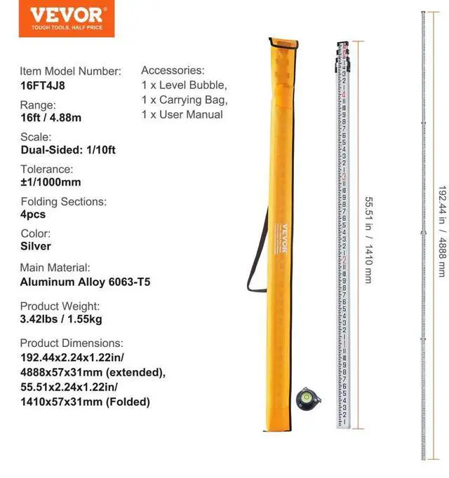 Alt view image 7 of 7 - VEVOR Aluminum Grade Rod, 16-Feet/8ths 4 Sections Telescopic Measuring Rod,Double-Sided Scale 1/8in Leveling Rod Stick,Aluminum Alloy Survey Rod with Bubble Level &Carrying Bag for Houses,Walls,Floors