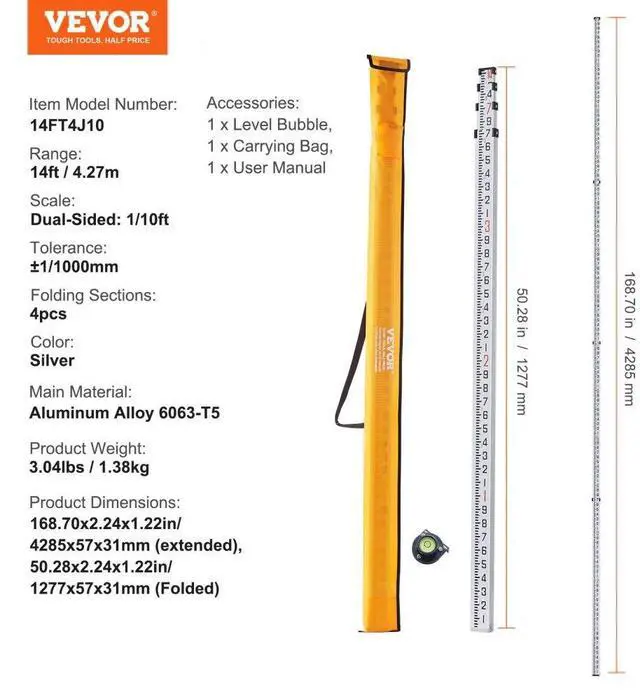 Alt view image 7 of 7 - VEVOR Aluminum Grade Rod, 14-Feet/10ths 6 Sections Telescopic Measuring Rod,Double-Sided Scale 1/10 ft Leveling Rod Stick,Aluminum Alloy Survey Rod w/ Bubble Level&Carrying Bag for Houses,Walls,Floors