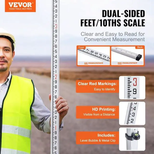 Alt view image 2 of 7 - VEVOR Aluminum Grade Rod, 16-Feet/10ths 4 Sections Telescopic Measuring Rod,Double-Sided Scale 1/10ft Leveling Rod Stick,Aluminum Alloy Survey Rod w/ Bubble Level &Carrying Bag for Houses,Walls,Floors