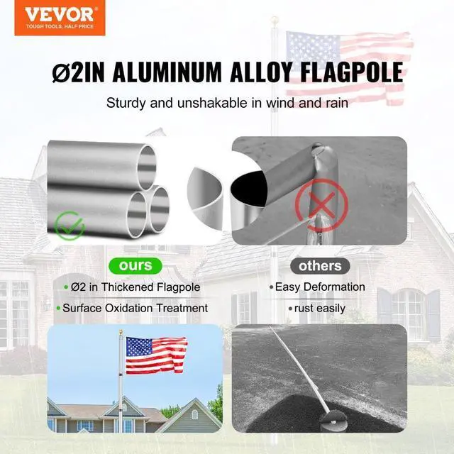 Alt view image 2 of 7 - VEVOR 20FT Telescoping Flag pole Kit, Heavy Duty Aluminum Alloy in Ground Flag Poles for Outside, 3 Display Modes Flagpole with 3x5 American Flag, Professional Accessories, Silver