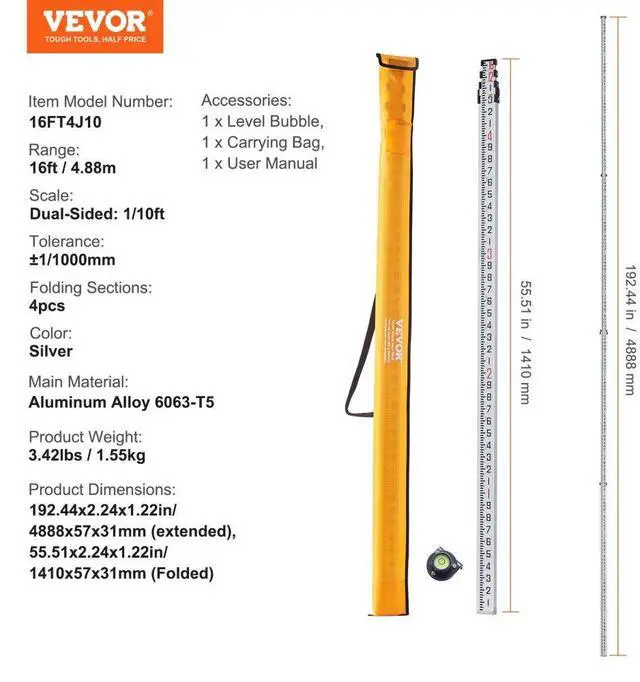 Alt view image 7 of 7 - VEVOR Aluminum Grade Rod, 16-Feet/10ths 4 Sections Telescopic Measuring Rod,Double-Sided Scale 1/10ft Leveling Rod Stick,Aluminum Alloy Survey Rod w/ Bubble Level &Carrying Bag for Houses,Walls,Floors