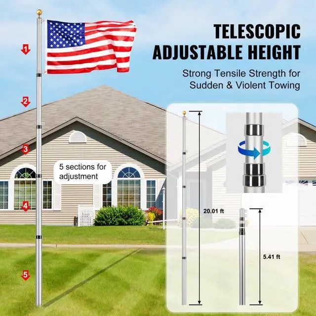 Alt view image 3 of 7 - VEVOR 20FT Telescoping Flag pole Kit, Heavy Duty Aluminum Alloy in Ground Flag Poles for Outside, 3 Display Modes Flagpole with 3x5 American Flag, Professional Accessories, Silver