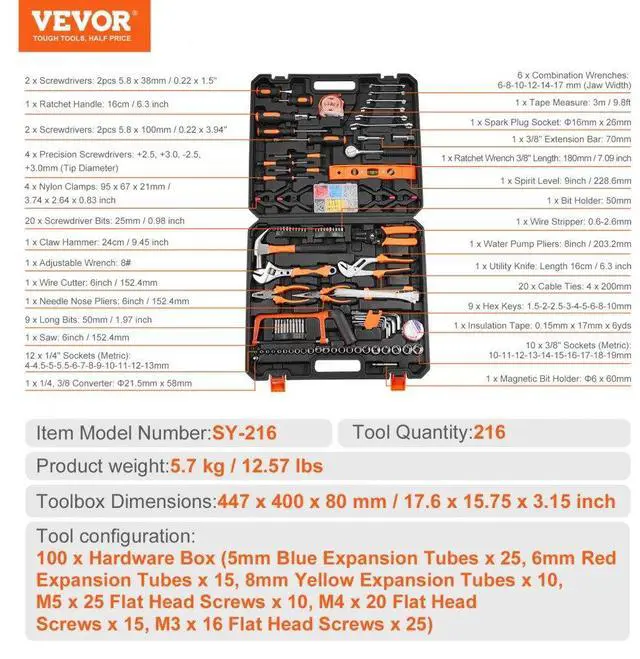 Alt view image 7 of 7 - VEVOR Tool Kit, 216 Piece General Household Hand Tool Set, Home Repairing Tool Kit with Portable Tool Storage Case, High-Quality Steel, for Home Maintenance, DIY Projects, and Automotive Repair