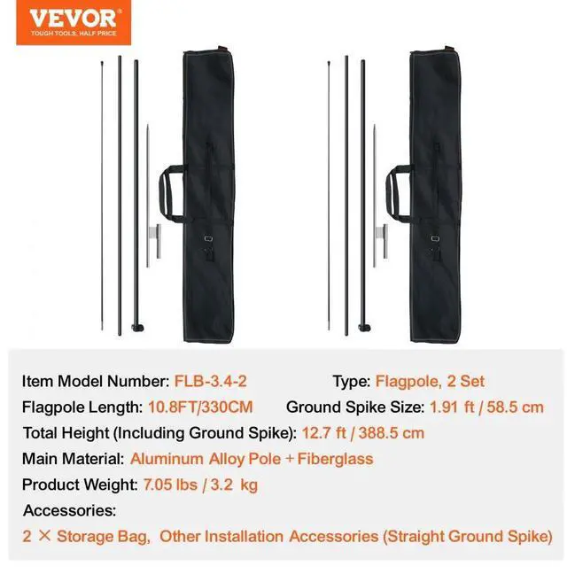 Alt view image 7 of 7 - VEVOR Feather Flag Pole Kit 2 Packs Swooper Flag Pole 12.7 ft with Ground Stakes