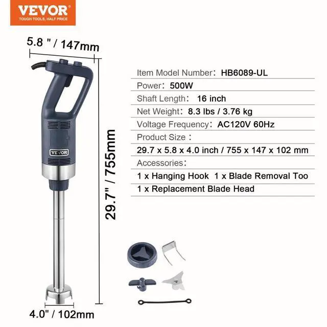 Alt view image 7 of 7 - VEVOR  Commercial Immersion Blender 500W Heavy Duty Hand Mixer for Soup Sauces