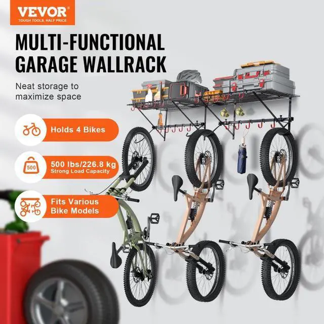 Alt view image 2 of 7 - VEVOR Bike Storage Rack Wall Mount Garage Bike Holder & 2 Shelves for 4 Bicycles