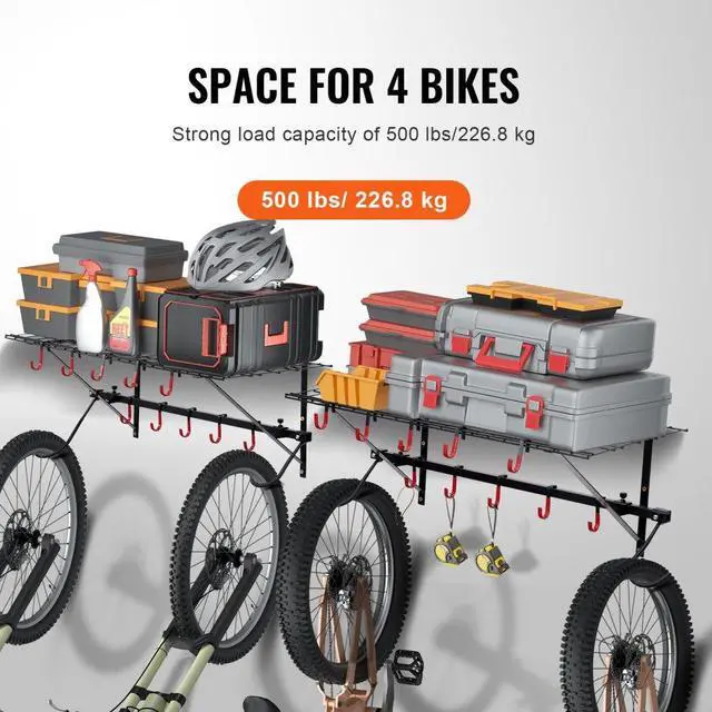 Alt view image 3 of 7 - VEVOR Bike Storage Rack Wall Mount Garage Bike Holder & 2 Shelves for 4 Bicycles