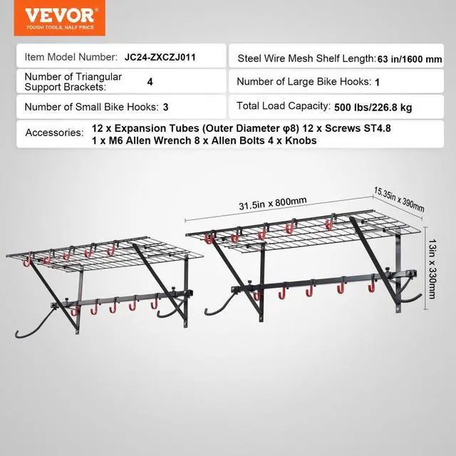 Alt view image 7 of 7 - VEVOR Bike Storage Rack Wall Mount Garage Bike Holder & 2 Shelves for 4 Bicycles