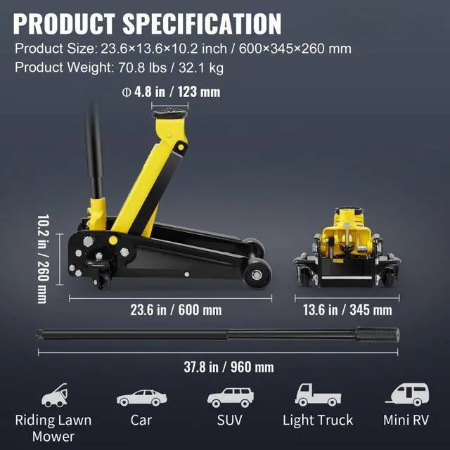 Alt view image 7 of 7 - VEVOR Low Profile Floor Jack 3 Ton Heavy Steel Single Piston Hydraulic Pump